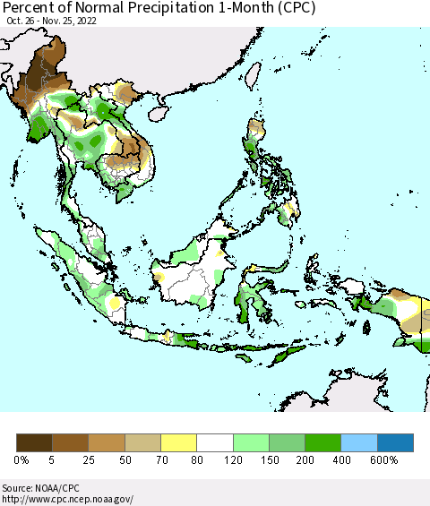 South East Asia Percent of Normal Precipitation 1-Month (CPC) Thematic Map For 10/26/2022 - 11/25/2022