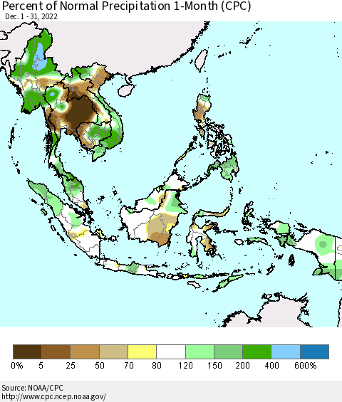 South East Asia Percent of Normal Precipitation 1-Month (CPC) Thematic Map For 12/1/2022 - 12/31/2022