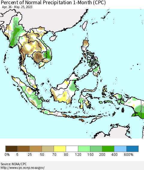 South East Asia Percent of Normal Precipitation 1-Month (CPC) Thematic Map For 4/26/2023 - 5/25/2023