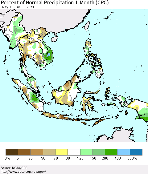 South East Asia Percent of Normal Precipitation 1-Month (CPC) Thematic Map For 5/11/2023 - 6/10/2023