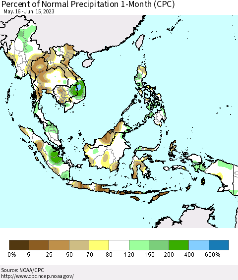 South East Asia Percent of Normal Precipitation 1-Month (CPC) Thematic Map For 5/16/2023 - 6/15/2023