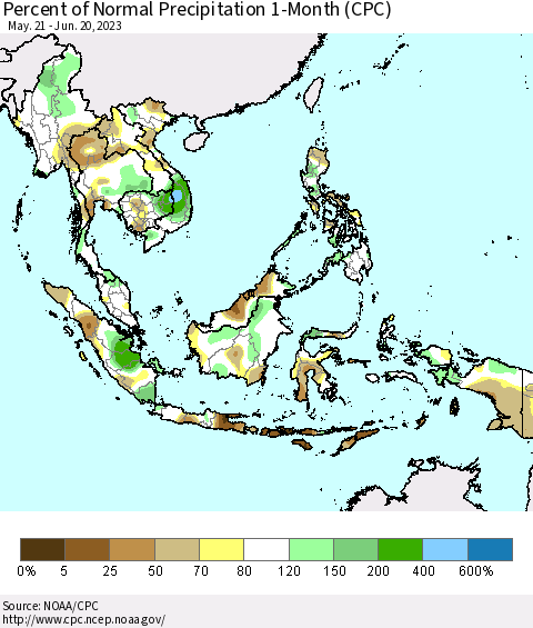 South East Asia Percent of Normal Precipitation 1-Month (CPC) Thematic Map For 5/21/2023 - 6/20/2023