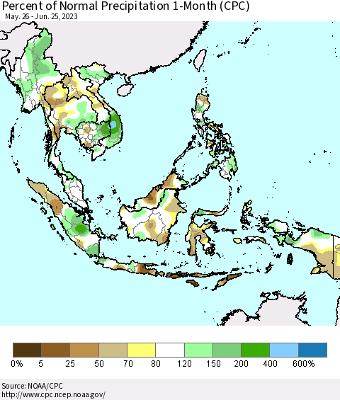 South East Asia Percent of Normal Precipitation 1-Month (CPC) Thematic Map For 5/26/2023 - 6/25/2023