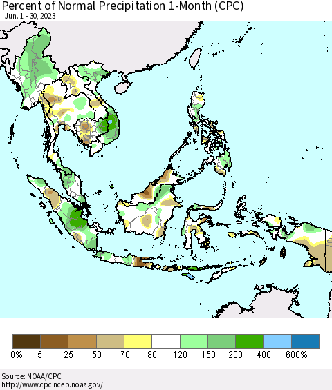 South East Asia Percent of Normal Precipitation 1-Month (CPC) Thematic Map For 6/1/2023 - 6/30/2023