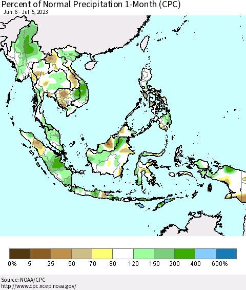 South East Asia Percent of Normal Precipitation 1-Month (CPC) Thematic Map For 6/6/2023 - 7/5/2023