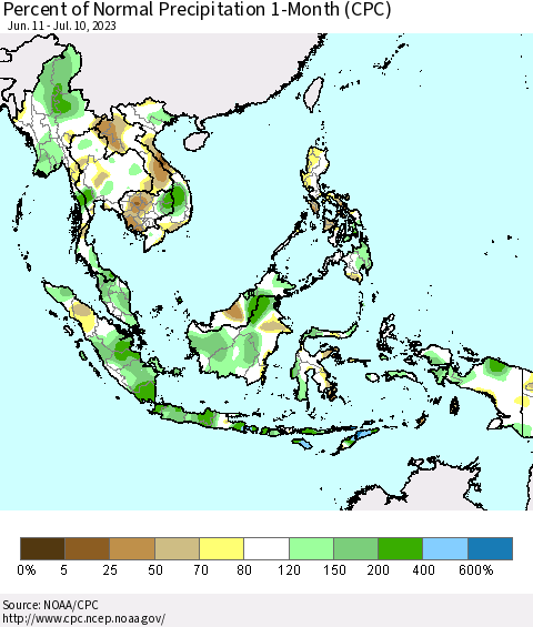 South East Asia Percent of Normal Precipitation 1-Month (CPC) Thematic Map For 6/11/2023 - 7/10/2023
