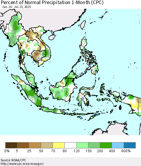 South East Asia Percent of Normal Precipitation 1-Month (CPC) Thematic Map For 6/16/2023 - 7/15/2023