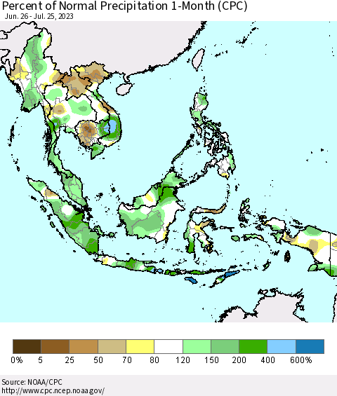 South East Asia Percent of Normal Precipitation 1-Month (CPC) Thematic Map For 6/26/2023 - 7/25/2023
