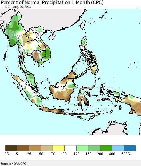 South East Asia Percent of Normal Precipitation 1-Month (CPC) Thematic Map For 7/21/2023 - 8/20/2023