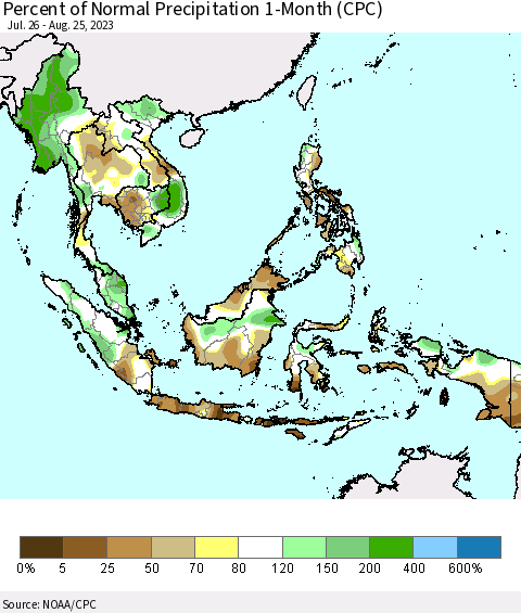 South East Asia Percent of Normal Precipitation 1-Month (CPC) Thematic Map For 7/26/2023 - 8/25/2023