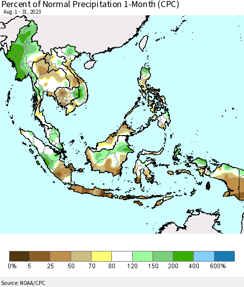 South East Asia Percent of Normal Precipitation 1-Month (CPC) Thematic Map For 8/1/2023 - 8/31/2023
