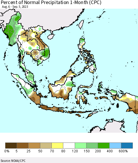 South East Asia Percent of Normal Precipitation 1-Month (CPC) Thematic Map For 8/6/2023 - 9/5/2023