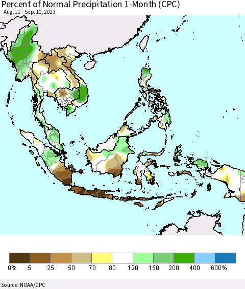 South East Asia Percent of Normal Precipitation 1-Month (CPC) Thematic Map For 8/11/2023 - 9/10/2023