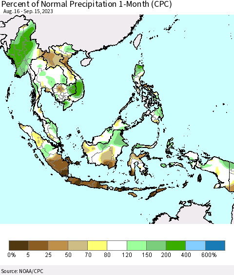 South East Asia Percent of Normal Precipitation 1-Month (CPC) Thematic Map For 8/16/2023 - 9/15/2023