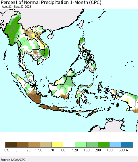 South East Asia Percent of Normal Precipitation 1-Month (CPC) Thematic Map For 8/21/2023 - 9/20/2023