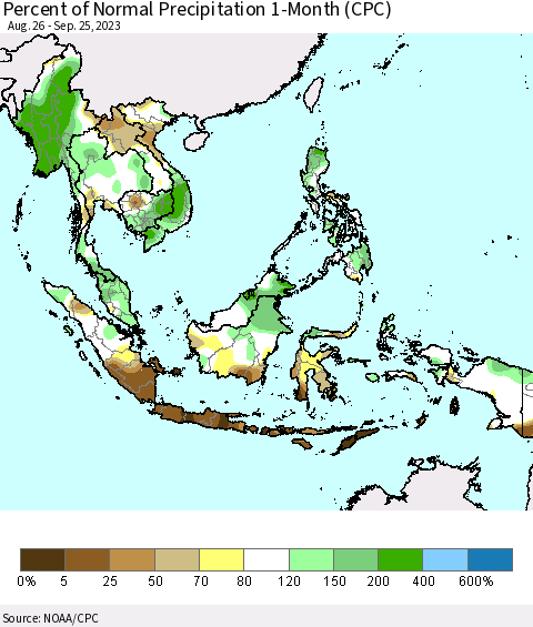 South East Asia Percent of Normal Precipitation 1-Month (CPC) Thematic Map For 8/26/2023 - 9/25/2023