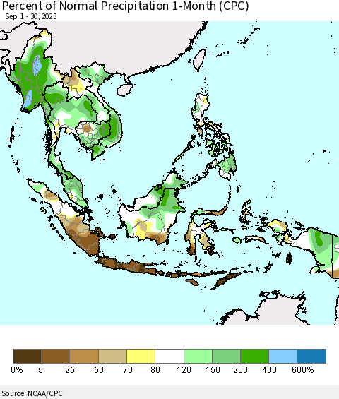 South East Asia Percent of Normal Precipitation 1-Month (CPC) Thematic Map For 9/1/2023 - 9/30/2023