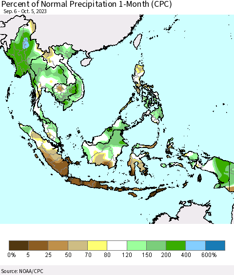 South East Asia Percent of Normal Precipitation 1-Month (CPC) Thematic Map For 9/6/2023 - 10/5/2023