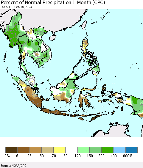 South East Asia Percent of Normal Precipitation 1-Month (CPC) Thematic Map For 9/11/2023 - 10/10/2023