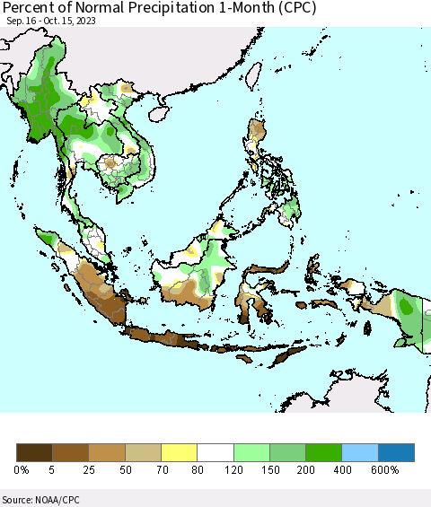 South East Asia Percent of Normal Precipitation 1-Month (CPC) Thematic Map For 9/16/2023 - 10/15/2023