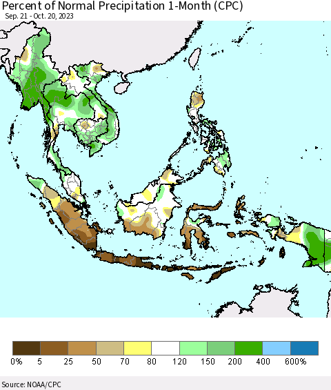 South East Asia Percent of Normal Precipitation 1-Month (CPC) Thematic Map For 9/21/2023 - 10/20/2023