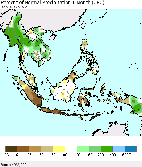 South East Asia Percent of Normal Precipitation 1-Month (CPC) Thematic Map For 9/26/2023 - 10/25/2023