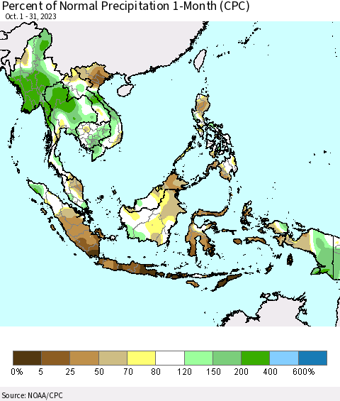South East Asia Percent of Normal Precipitation 1-Month (CPC) Thematic Map For 10/1/2023 - 10/31/2023