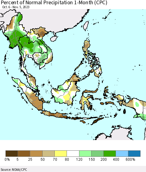 South East Asia Percent of Normal Precipitation 1-Month (CPC) Thematic Map For 10/6/2023 - 11/5/2023
