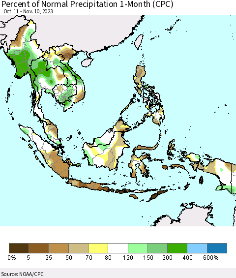 South East Asia Percent of Normal Precipitation 1-Month (CPC) Thematic Map For 10/11/2023 - 11/10/2023