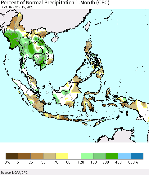 South East Asia Percent of Normal Precipitation 1-Month (CPC) Thematic Map For 10/16/2023 - 11/15/2023