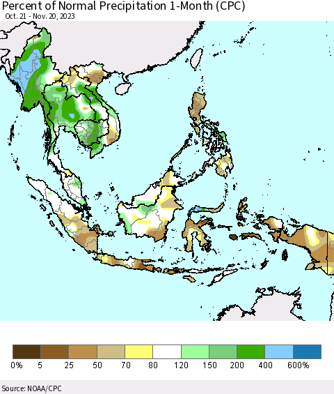 South East Asia Percent of Normal Precipitation 1-Month (CPC) Thematic Map For 10/21/2023 - 11/20/2023