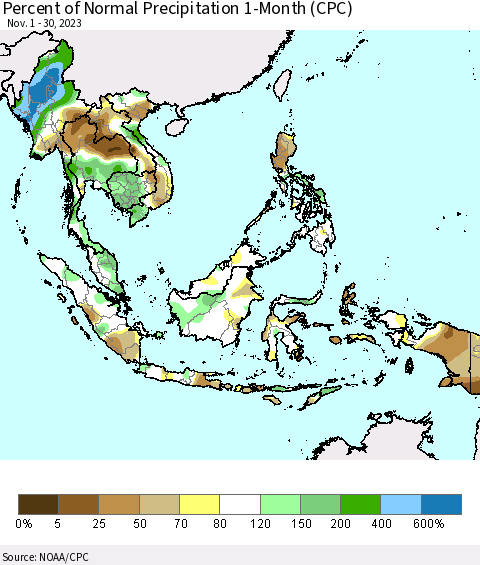 South East Asia Percent of Normal Precipitation 1-Month (CPC) Thematic Map For 11/1/2023 - 11/30/2023