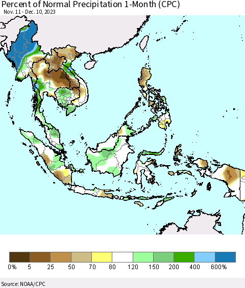 South East Asia Percent of Normal Precipitation 1-Month (CPC) Thematic Map For 11/11/2023 - 12/10/2023