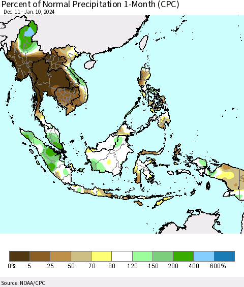 South East Asia Percent of Normal Precipitation 1-Month (CPC) Thematic Map For 12/11/2023 - 1/10/2024