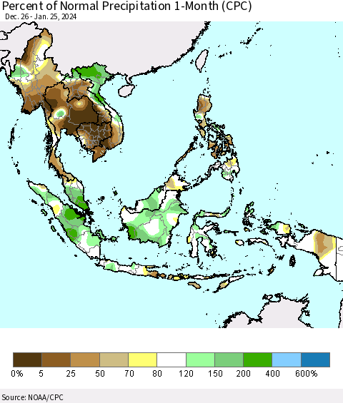 South East Asia Percent of Normal Precipitation 1-Month (CPC) Thematic Map For 12/26/2023 - 1/25/2024