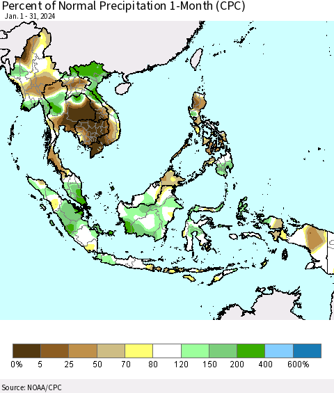 South East Asia Percent of Normal Precipitation 1-Month (CPC) Thematic Map For 1/1/2024 - 1/31/2024