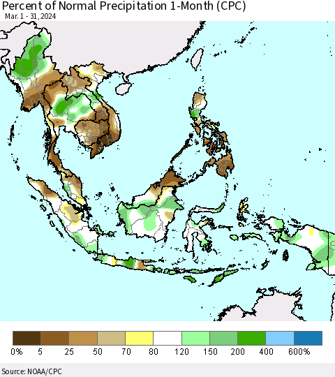 South East Asia Percent of Normal Precipitation 1-Month (CPC) Thematic Map For 3/1/2024 - 3/31/2024