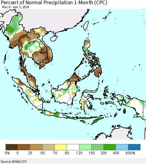 South East Asia Percent of Normal Precipitation 1-Month (CPC) Thematic Map For 3/6/2024 - 4/5/2024