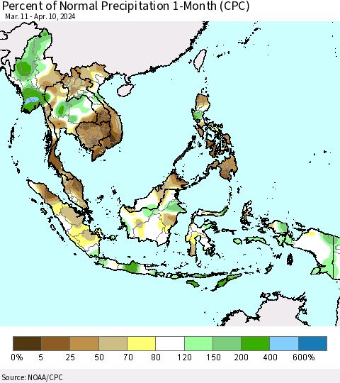 South East Asia Percent of Normal Precipitation 1-Month (CPC) Thematic Map For 3/11/2024 - 4/10/2024