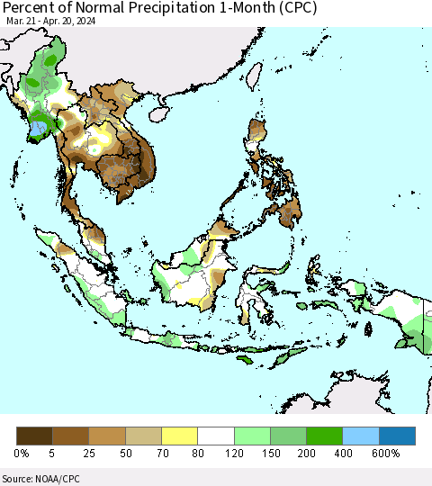 South East Asia Percent of Normal Precipitation 1-Month (CPC) Thematic Map For 3/21/2024 - 4/20/2024
