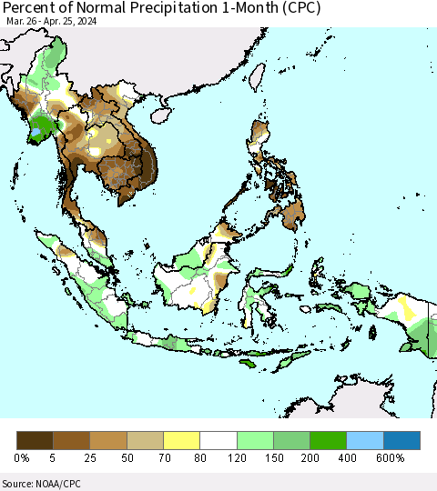 South East Asia Percent of Normal Precipitation 1-Month (CPC) Thematic Map For 3/26/2024 - 4/25/2024