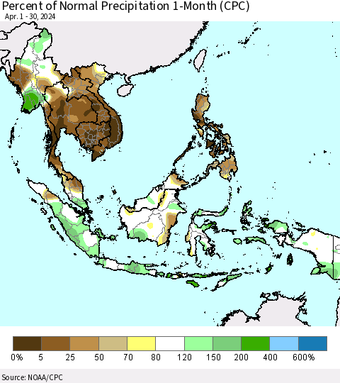 South East Asia Percent of Normal Precipitation 1-Month (CPC) Thematic Map For 4/1/2024 - 4/30/2024