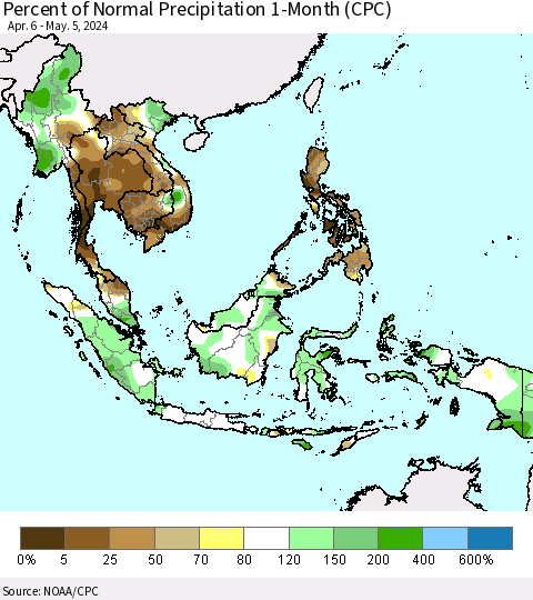 South East Asia Percent of Normal Precipitation 1-Month (CPC) Thematic Map For 4/6/2024 - 5/5/2024
