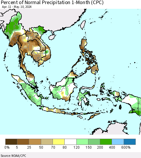South East Asia Percent of Normal Precipitation 1-Month (CPC) Thematic Map For 4/11/2024 - 5/10/2024