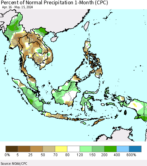 South East Asia Percent of Normal Precipitation 1-Month (CPC) Thematic Map For 4/16/2024 - 5/15/2024