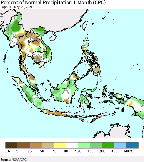 South East Asia Percent of Normal Precipitation 1-Month (CPC) Thematic Map For 4/21/2024 - 5/20/2024