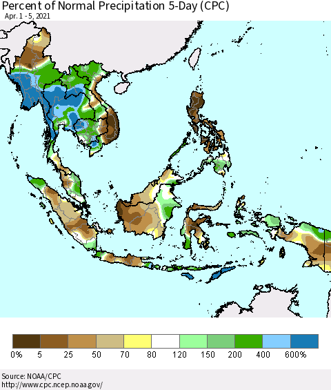 South East Asia Percent of Normal Precipitation 5-Day (CPC) Thematic Map For 4/1/2021 - 4/5/2021