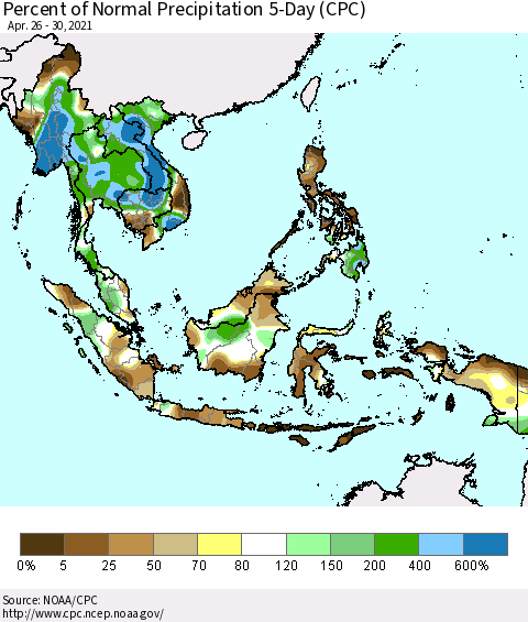 South East Asia Percent of Normal Precipitation 5-Day (CPC) Thematic Map For 4/26/2021 - 4/30/2021