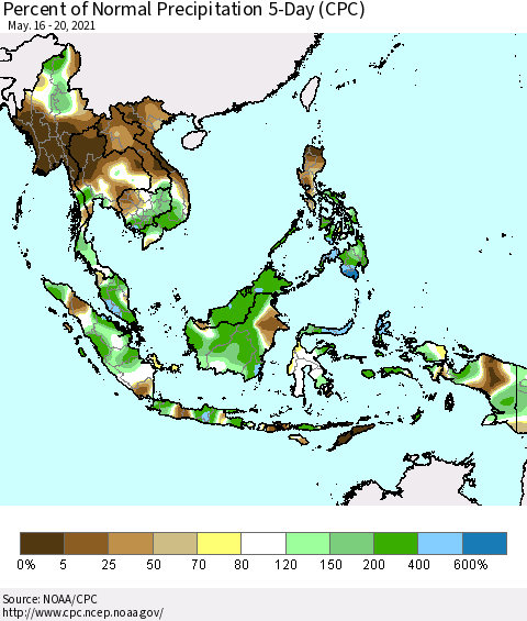 South East Asia Percent of Normal Precipitation 5-Day (CPC) Thematic Map For 5/16/2021 - 5/20/2021
