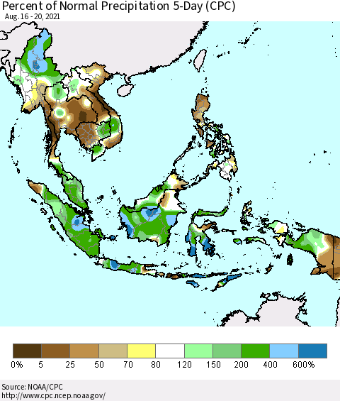South East Asia Percent of Normal Precipitation 5-Day (CPC) Thematic Map For 8/16/2021 - 8/20/2021